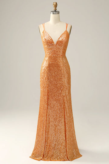Vestido de fiesta de lentejuelas sirena sin espalda naranja